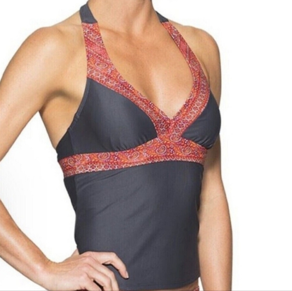 Athleta‎ Ventana Halter Tankini Swim Top 34 B/C Gray Paisley SPF 50 Beach Pool
